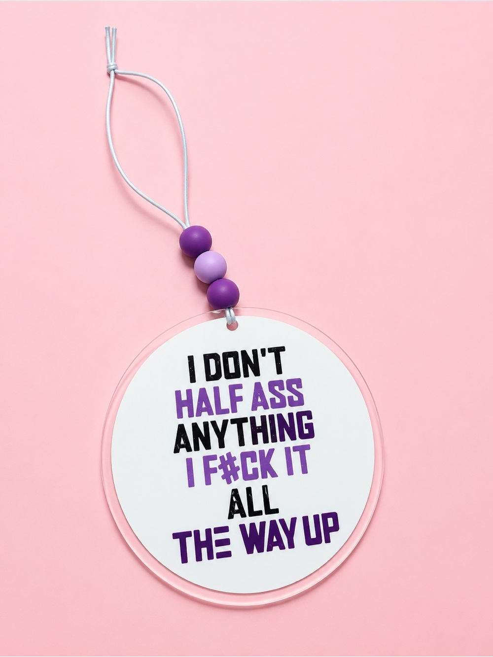 Bold Purple & White Round Quote Rearview Car Charm- purple 4in